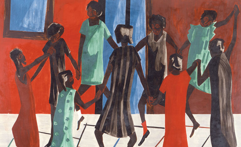 Detail of Jacob Lawrence's painting "Children at Play," which shows a group of simplified Black girls in red, green and black dresses holding hands in a ring as they play a game on the sidewalk.