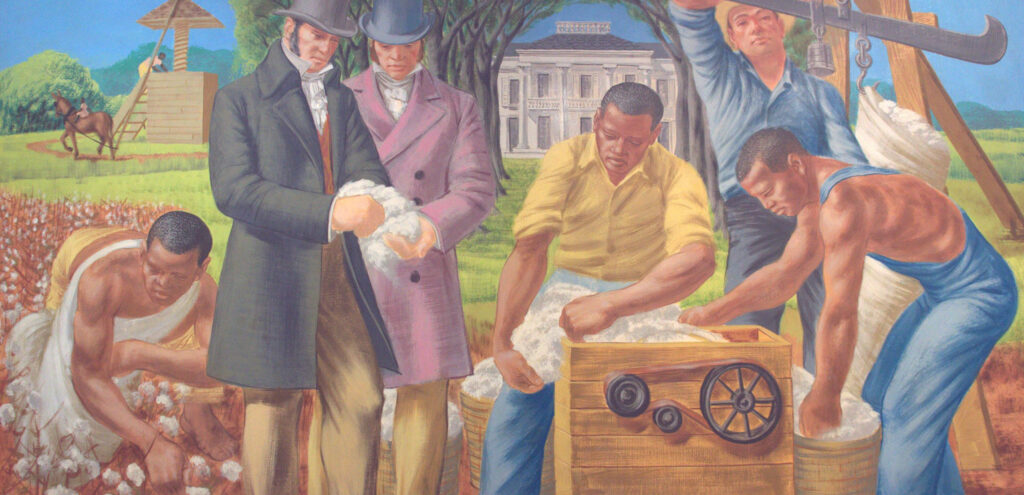 A detail of George Beattie's mural of the cotton gin in use. Two white landowners in top hats inspect the ginned cotton, surrounded by Black laborers hard at work.