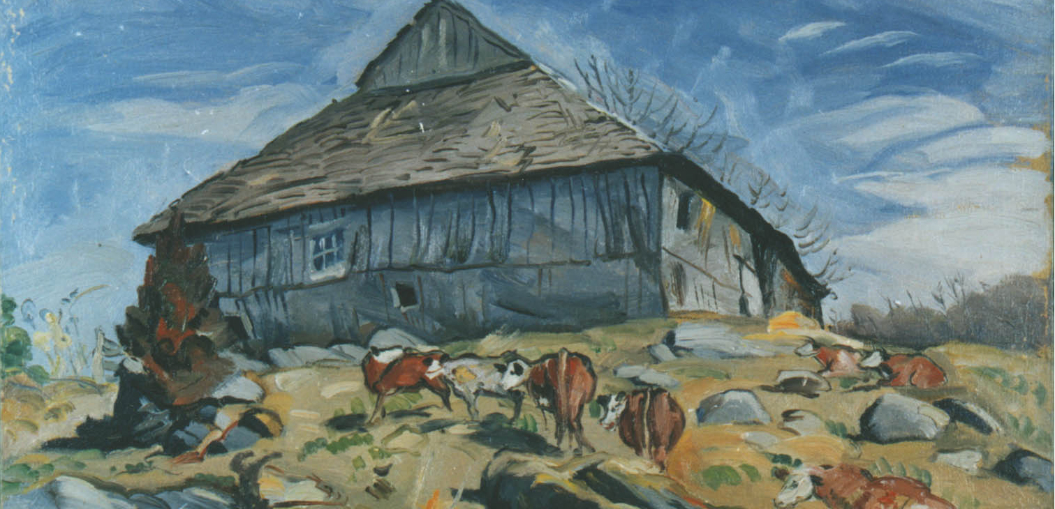 A detail of Pierre Daura's painting "The Big Barn at Tuckaway," which shows the titular barn, painted in shades of brown and gray, looming above the autumn landscape.