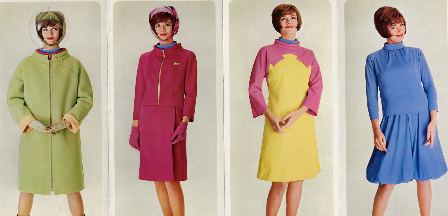 A photograph of four women in colorful stewardess outfits designed by Emilio Pucci