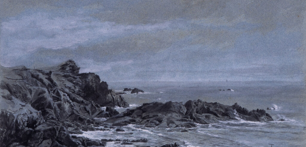 An ink and gouache drawing on blue paper of a rocky coast by Alfred Thompson Bricher