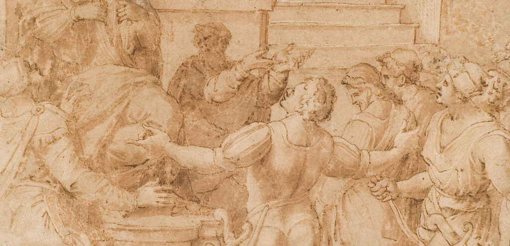 Detail of a Renaissance-era drawing in pen on a brownish paper titled "Christ on Trial"