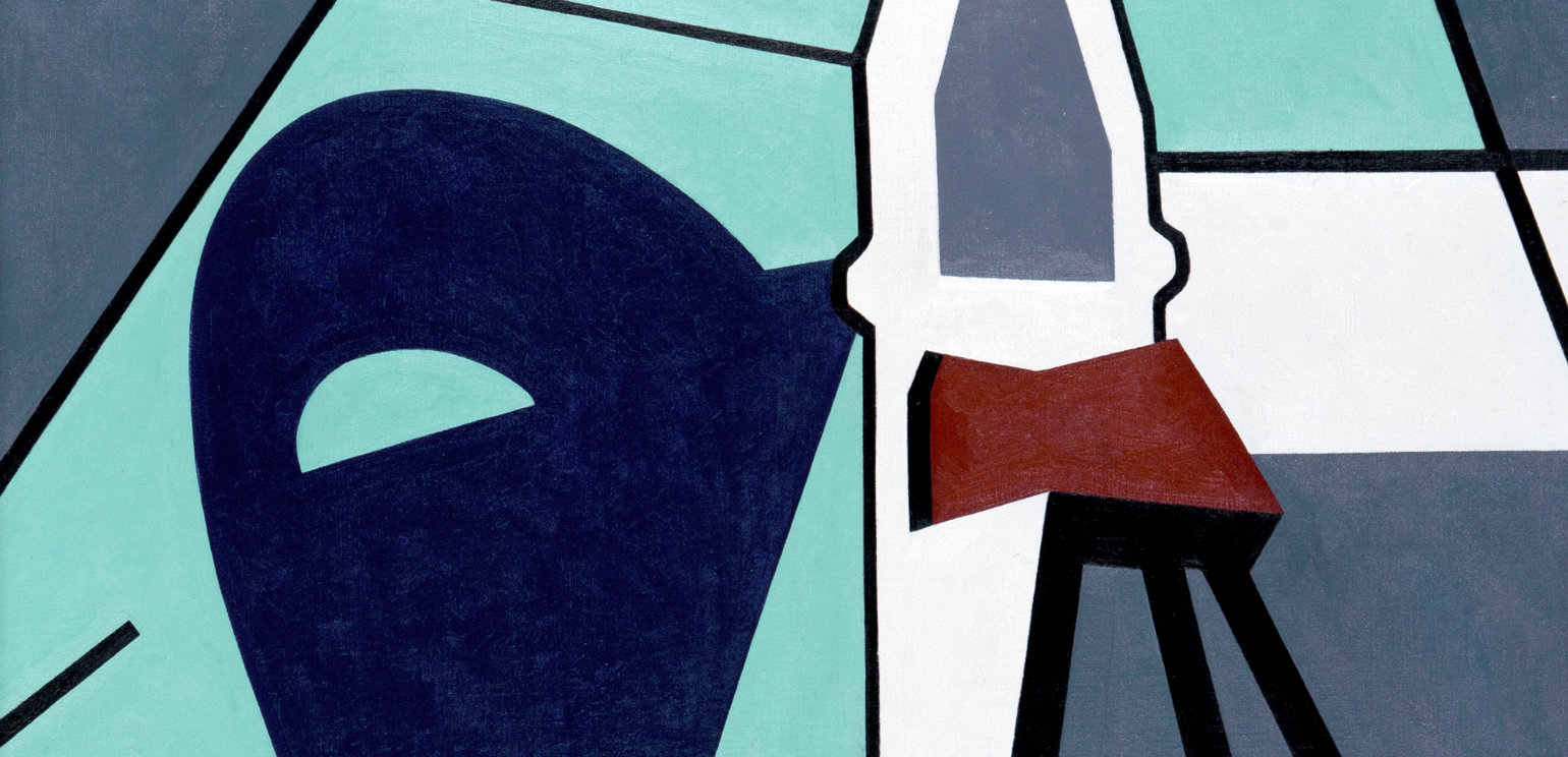 A detail of an abstracted painting by Ralston Crawford titled "Plane Production." Painted at an airplane-assembly plant, it simplifies the shapes and colors until they are barely recognizable.