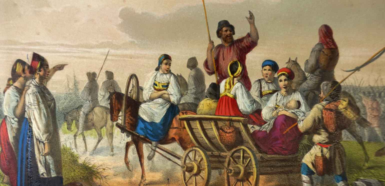 A detail of a Russian print that shows several people riding in a wagon, including a mother and infant, and others standing around them