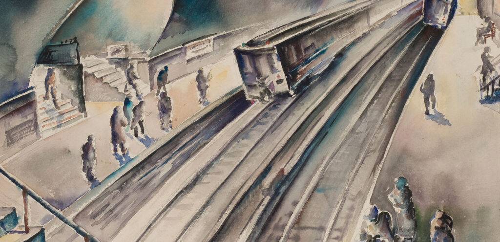 A detail from a Lamar Dodd watercolor of a train arriving at a subway station. Seen at an angle, it feels speedy and modern, with passengers waiting on the platform to hop on.