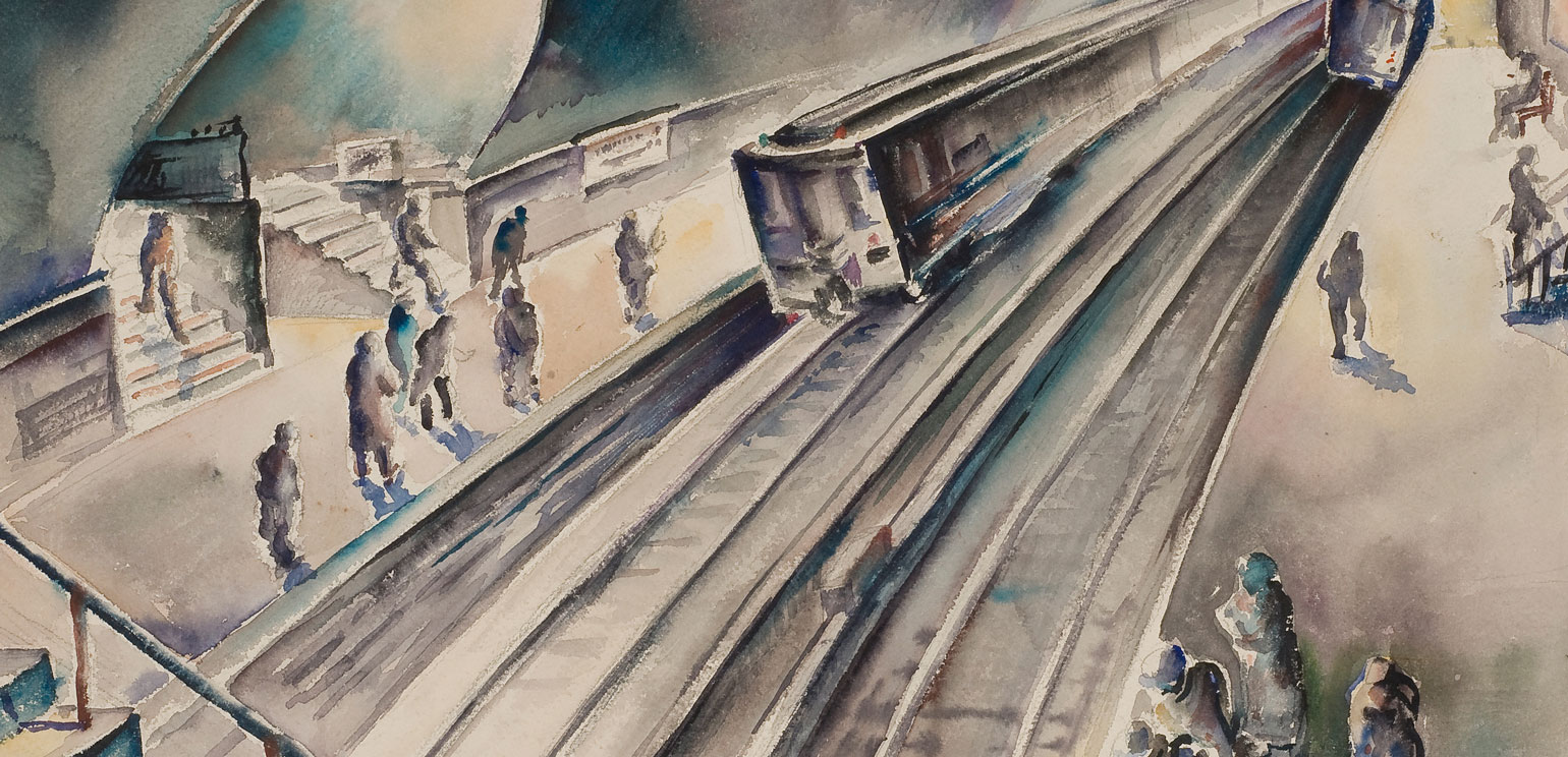 A detail from a Lamar Dodd watercolor of a train arriving at a subway station. Seen at an angle, it feels speedy and modern, with passengers waiting on the platform to hop on.