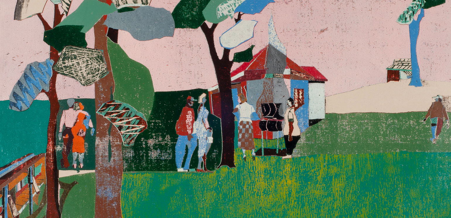 A layered block print by Michael Ellison that shows a group of people standing around and socializing under some trees