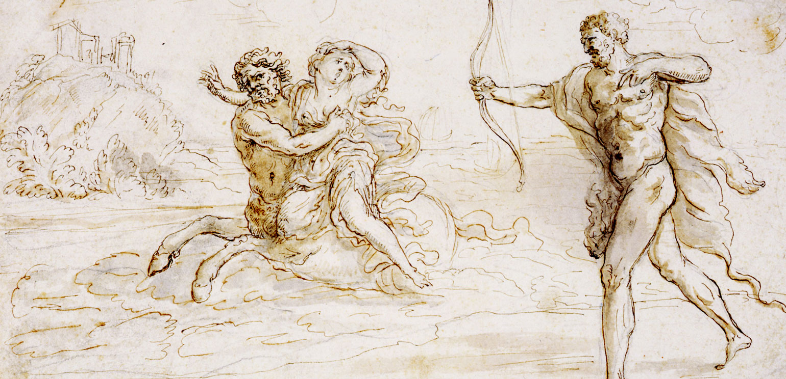 Giovanni Battista Foggini's drawing "The Abduction of Deijaneira," executed in pen and brown ink. A centaur grabs Deijaneira to ride off with her while a man shoots an arrow at them from the right.