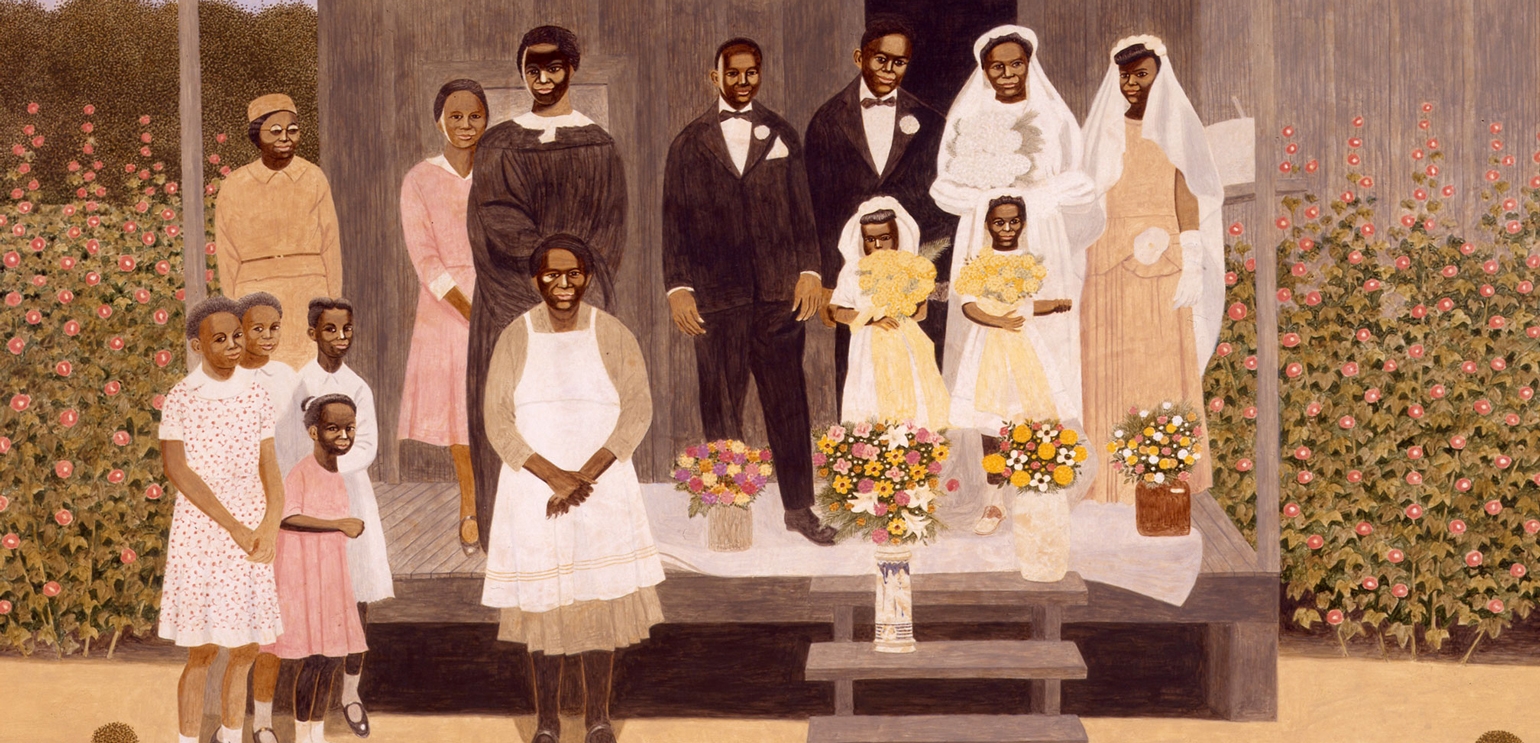 A detail of a painting by Carroll Cloar titled "Wedding Party." It resembles a family photograph, with two rows of people dressed for a wedding, standing on the porch and just in front of their home.