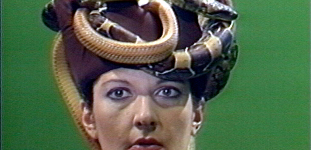 A still from Marina Abramovic's film "SSS," featuring a woman with snakes on her head, against a green background