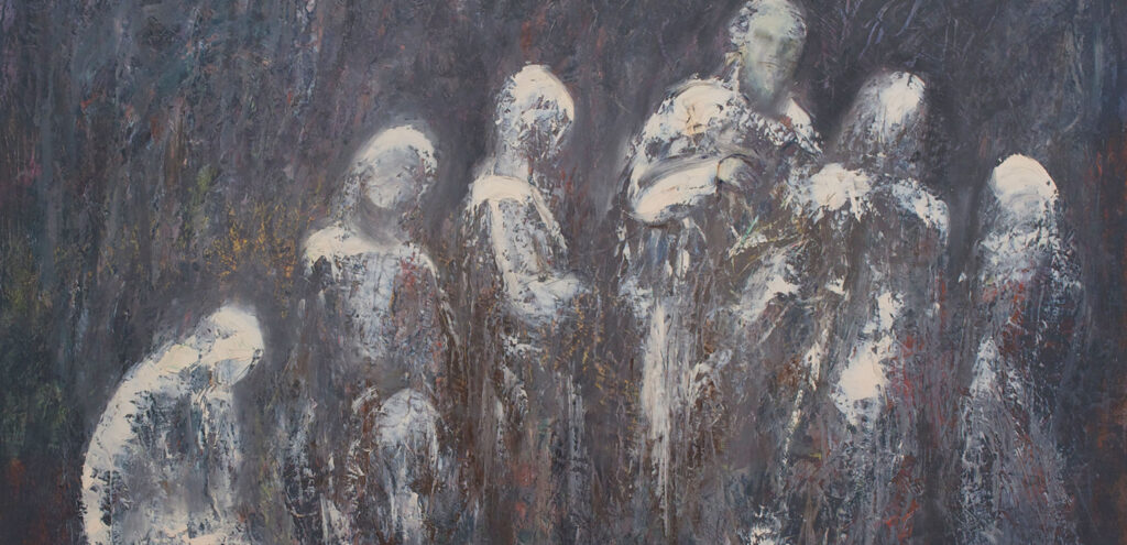 Bernard Smol's painting "Job and His Comforters," an impressionistic view of a line of people rendered in white on black