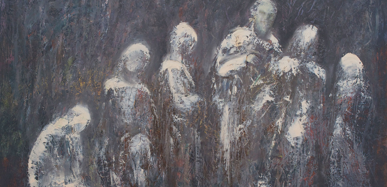 Bernard Smol's painting "Job and His Comforters," an impressionistic view of a line of people rendered in white on black