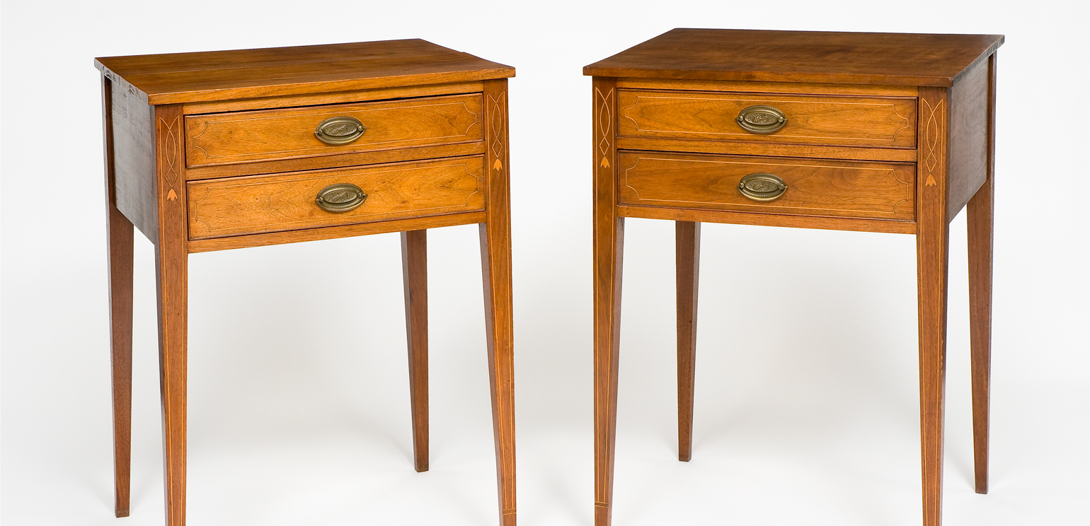 Two side tables with bellflower inlays, made by Henry Eugene Thomas