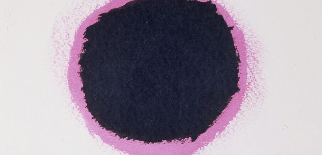 An image of a work of art that features a large rough-edged dark circle, bordered in pink on a white background