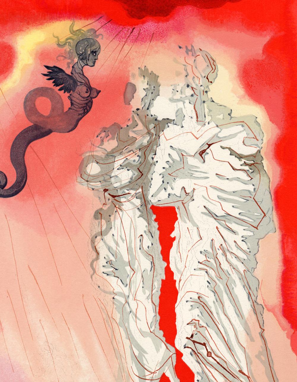 A detail from a print based on Salvador Dali's watercolor "The Black Devil," illustrating canto 21 of Dante's Divine Comedy. It shows a curly, long, serpent-like black devil with wings and breasts against a red sky next to abstracted versions of two male figures in white and gray.