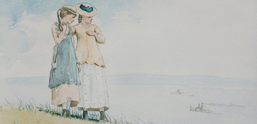 Detail of Winslow Homer's watercolor "Two Girls on a Hillside," which shows two girls walking with the sea in the background