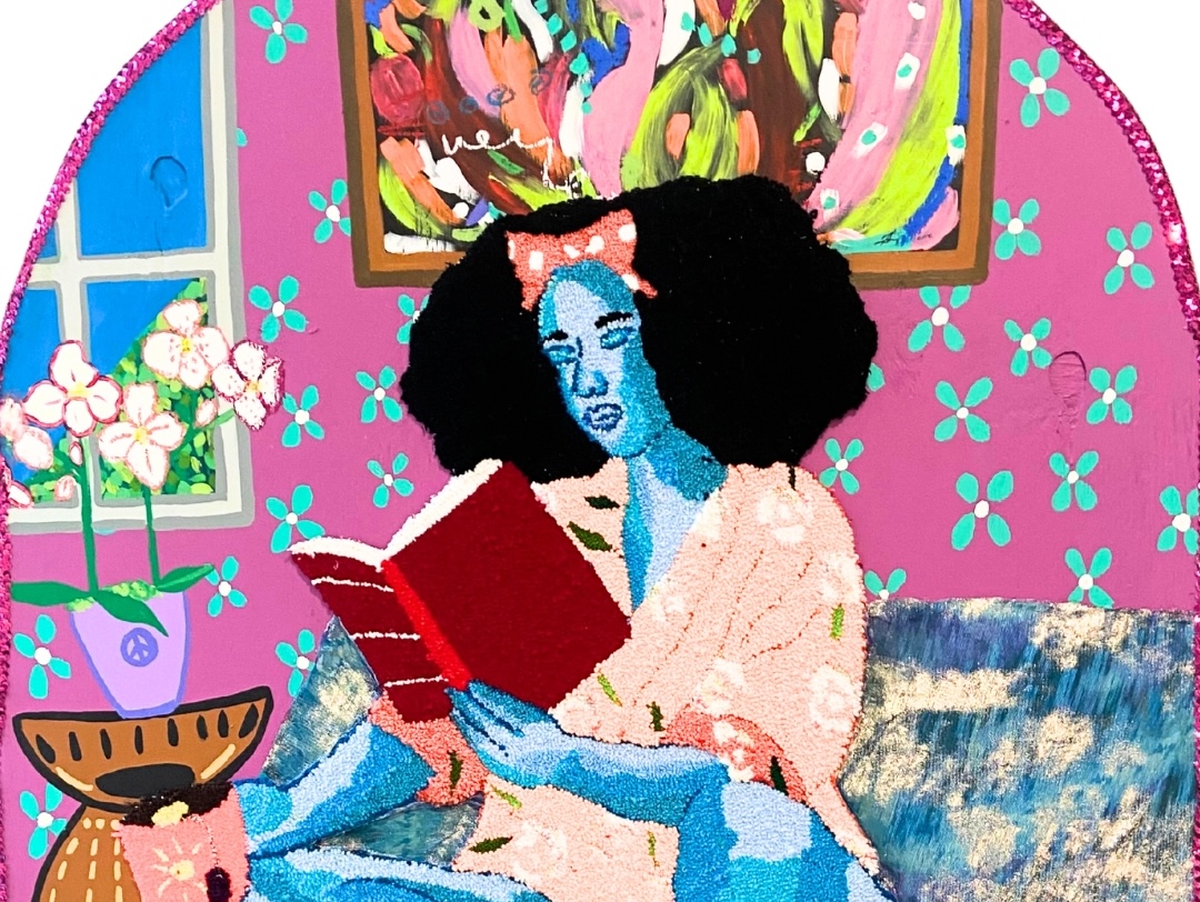 Mixed media portrait of a woman wearing a robe and sitting on a bed while reading a book and holding a mug