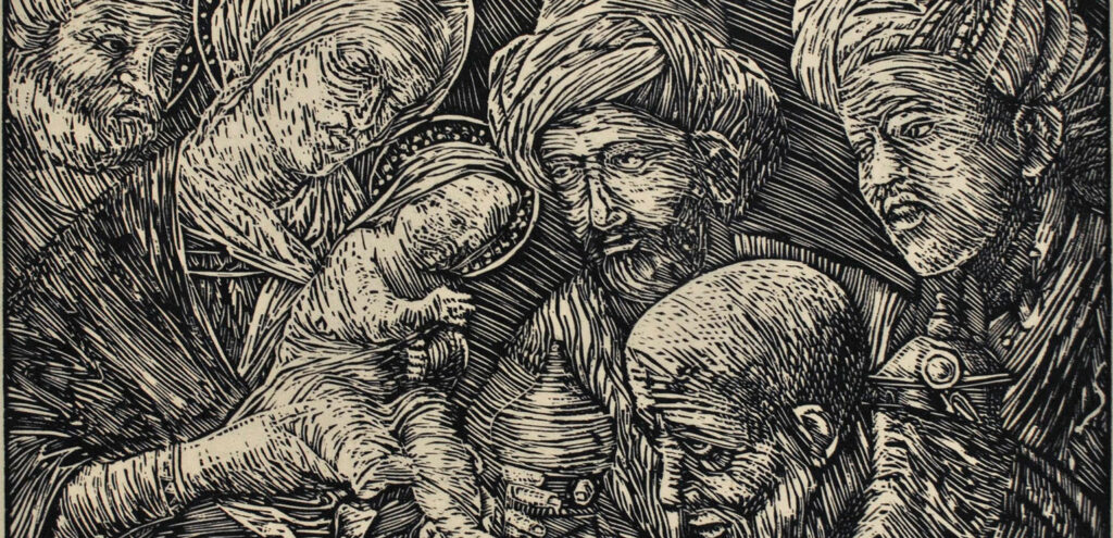 A detail from Elizabeth "Libby" Bailey's holiday woodcut "Il Buon Regalo," featuring Mary and Joseph presenting the infant Jesus to the three wise men.