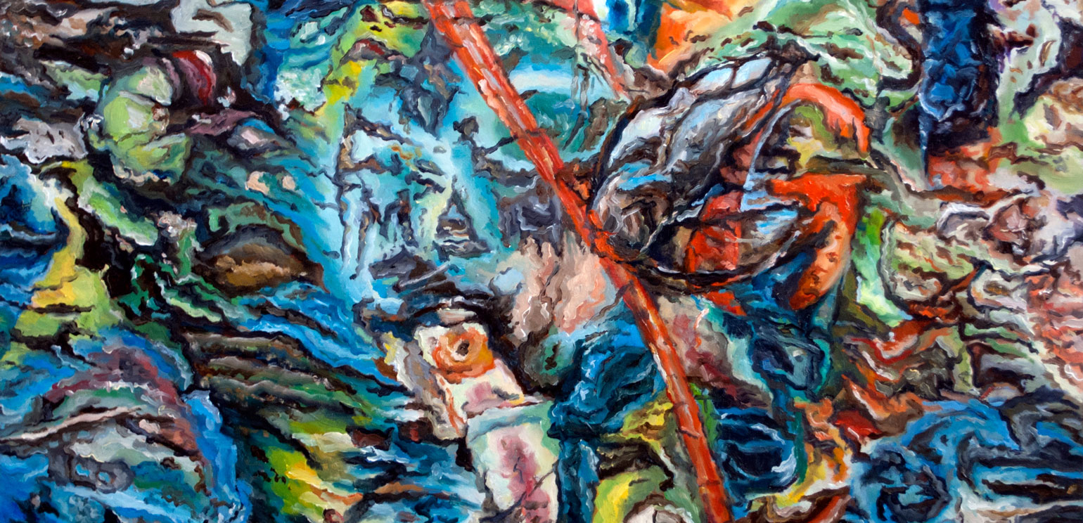 A detail of a colorful abstract painting by Kelsey Scharf