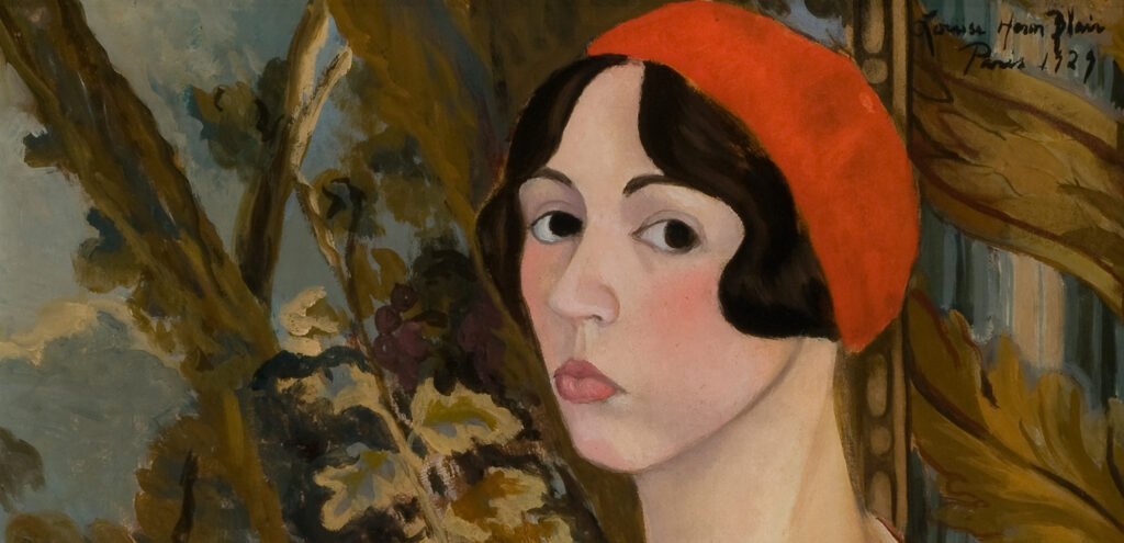 Detail of a self-portrait by Louise Heron Blair that shows her in a red beret with dark bobbed hair