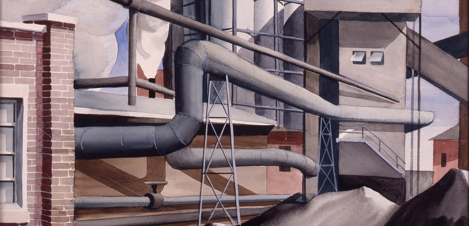 A detail of Edmund Lewandowski's painting "Gas Company," which focuses on a series of snaking pipes on the exterior of an industrial building