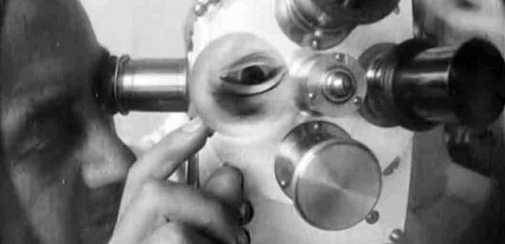 A detail of a still from Man Ray's black and white experimental film "Emak Bakia"