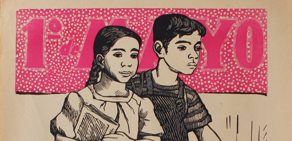 Detail of a poster celebrating May 1 (Labor Day) by Leopoldo Mendez, featuring a boy and a girl in black and white, seemingly walking to school in front of a pink poster that reads "1o de Mayo"
