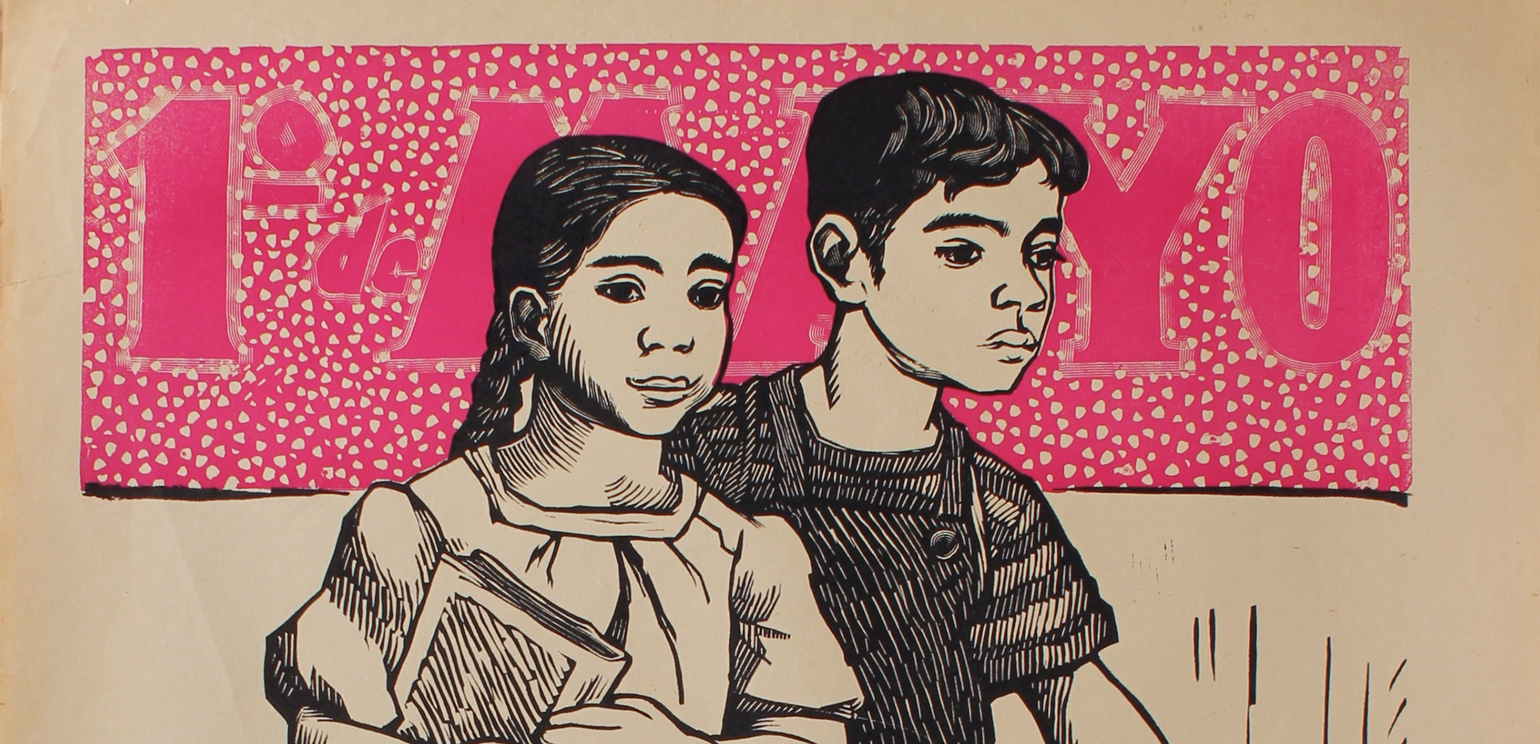 Detail of a poster celebrating May 1 (Labor Day) by Leopoldo Mendez, featuring a boy and a girl in black and white, seemingly walking to school in front of a pink poster that reads "1o de Mayo"