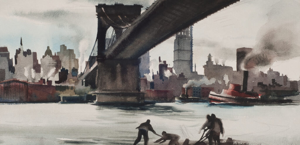 Detail of a watercolor by Millard Sheets that shows the Brooklyn Bridge from the shore below, with the city in the background and several dockworkers on the shore