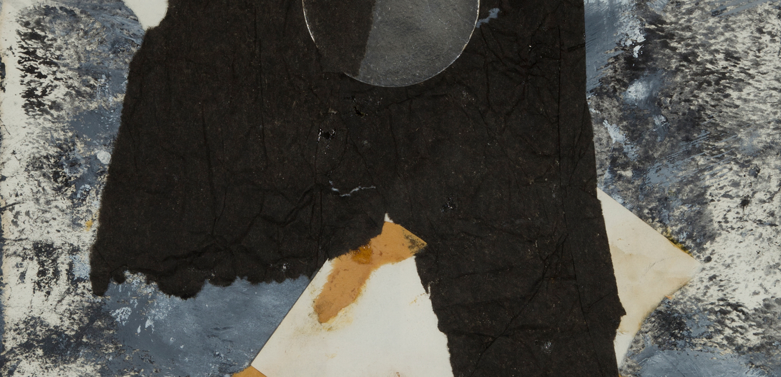 Detail of an abstract collage of layered paper by Minna Citron that features a large black shape that looks like a backwards P in the center