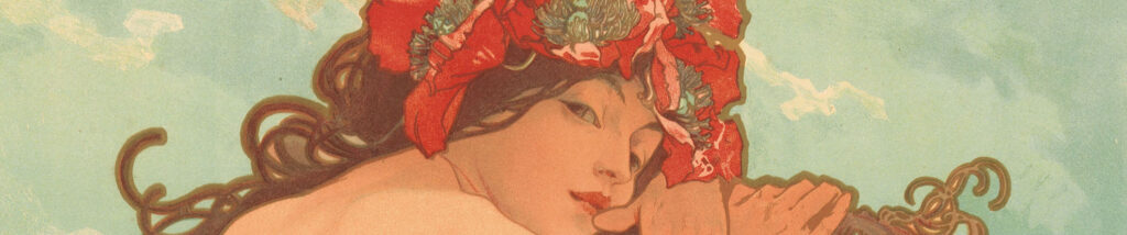 A detail of Alphonse Mucha's color lithograph "Summer," which shows a young woman with flowing brown hair bedecked with red poppies leaning on a vine.
