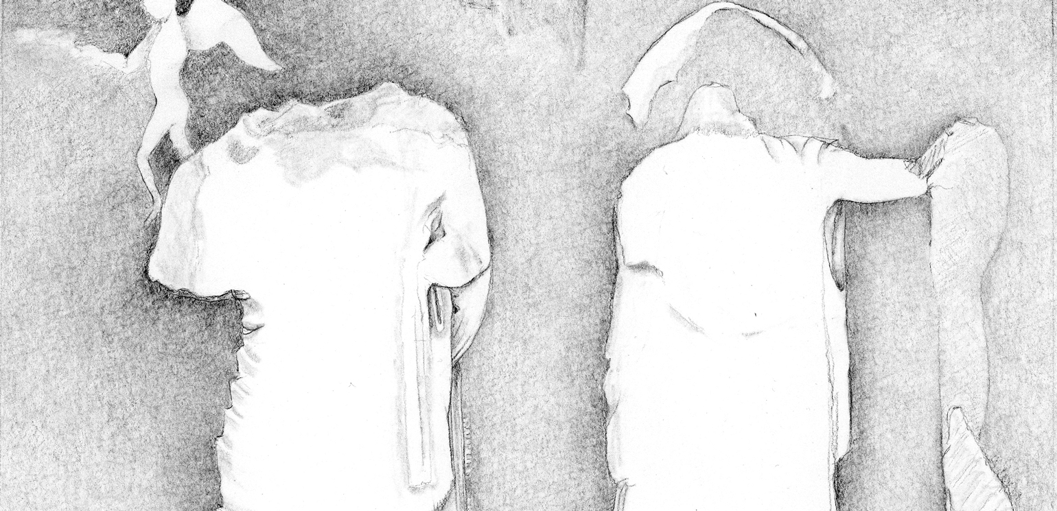 A detail of a drawing of the Parthenon reliefs by Katherine Schwab. Done in shades of gray, it leaves white spaces where the reliefs belong.