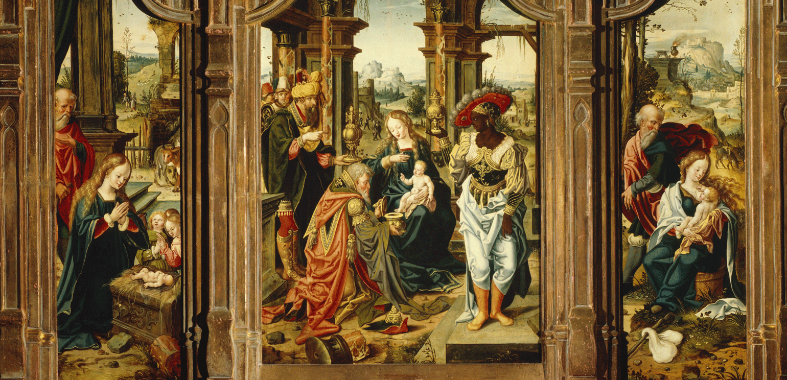 A detail of a three-panel painting that shows the birth of Jesus and his early life