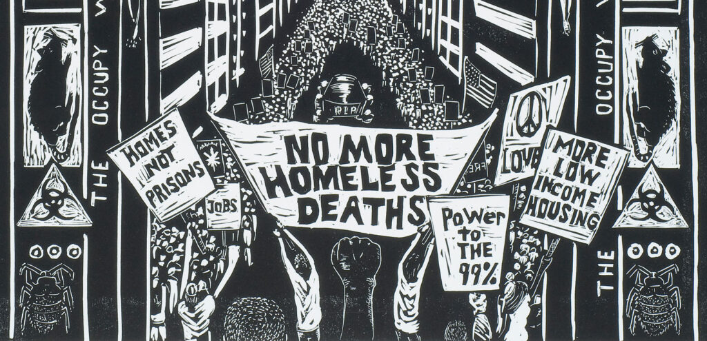 A detail from Ronnie Goodman's linocut "No More Homeless Deaths," which features a protesting crowd holding up a sign that says that