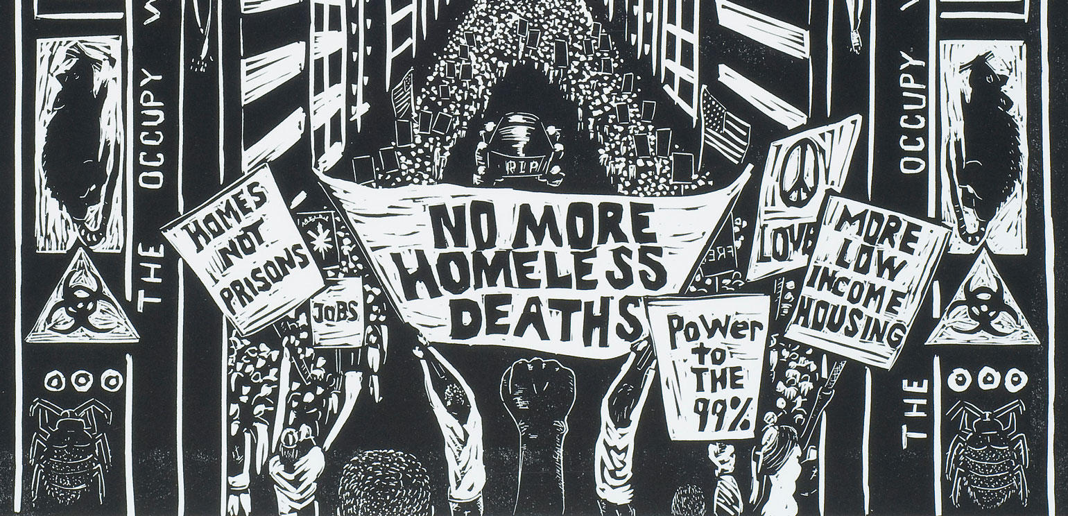 A detail from Ronnie Goodman's linocut "No More Homeless Deaths," which features a protesting crowd holding up a sign that says that