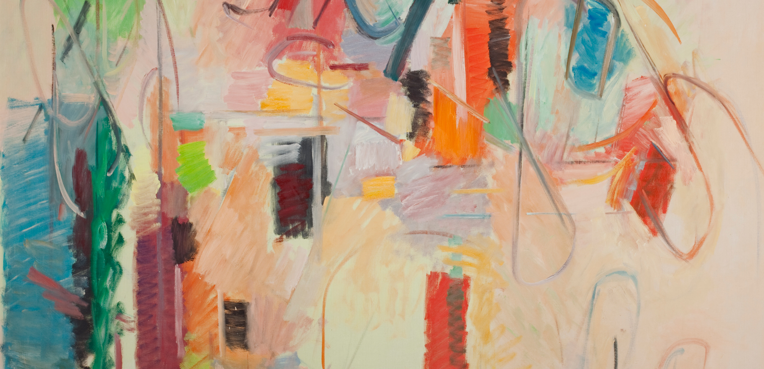 A detail of an abstract painting by John Haley called "Orange and Blue." It does feature those colors prominently, with a big splash of blue on the left and a number of smaller orange rectangular shapes throughout, but it also features other colors of rectangles and other shapes.