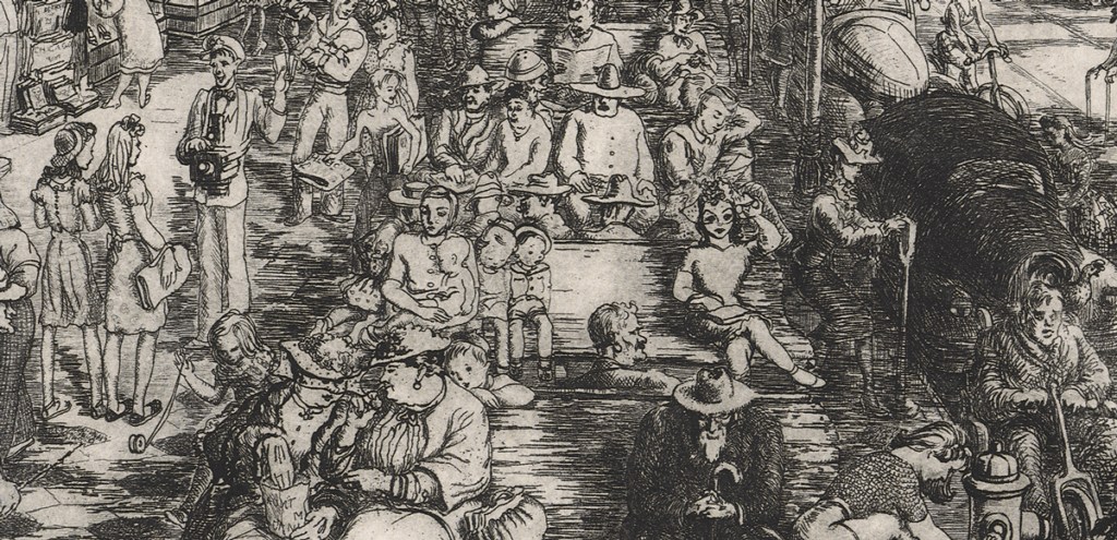 A detail of Polly Knipp Hill's etching "Green Benches," featuring a bunch of different kinds of people sitting on the famous benches in St Augustine