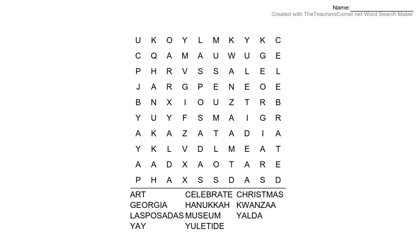 A word search for words like "art," "georgia" and "yuletide"