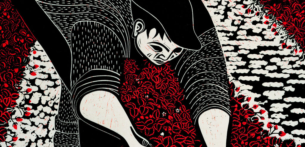 A detail from Emmy Lou Packard's woodcut print "Strawberry Pickers," which shows a person in a hat, rendered in black and white, bending down to pick some very red strawberries.