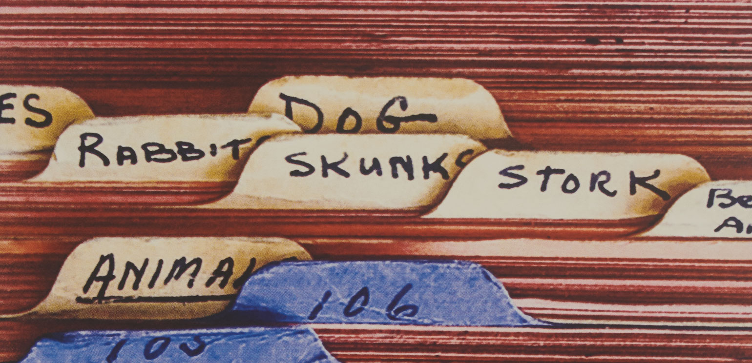 detail of a Richard Prince inkjet based on Milton Berle's joke file; it shows a close-up of index cards with dividers labeled things like "animal," "dog," "skunk" and so on
