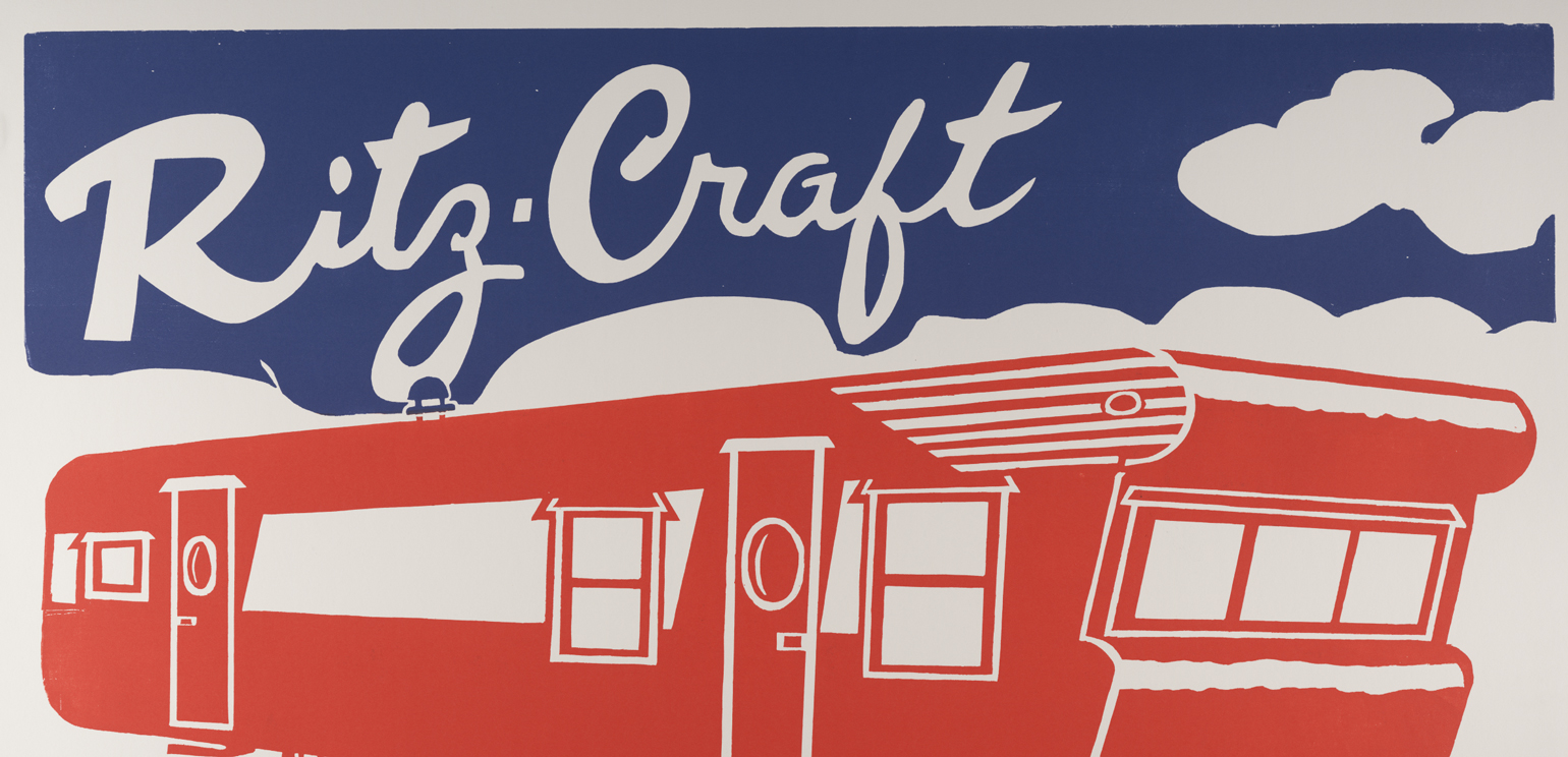A detail of a Ritz-Craft Trailer poster made by Hatch Show Print, with the trailer in a reddish orange and the words Ritz-Craft in white on a dark blue sky above.