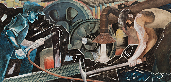 A detail of Philo B. Ruggles (American, 1906 – 1988) and John Ruggles (American, 1907 – 1991), “Steel Workers,” 1939, a sketch for an unrealized mural.