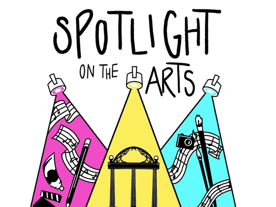 Different colored spotlights shine on various images related to the visual, literary and performing arts