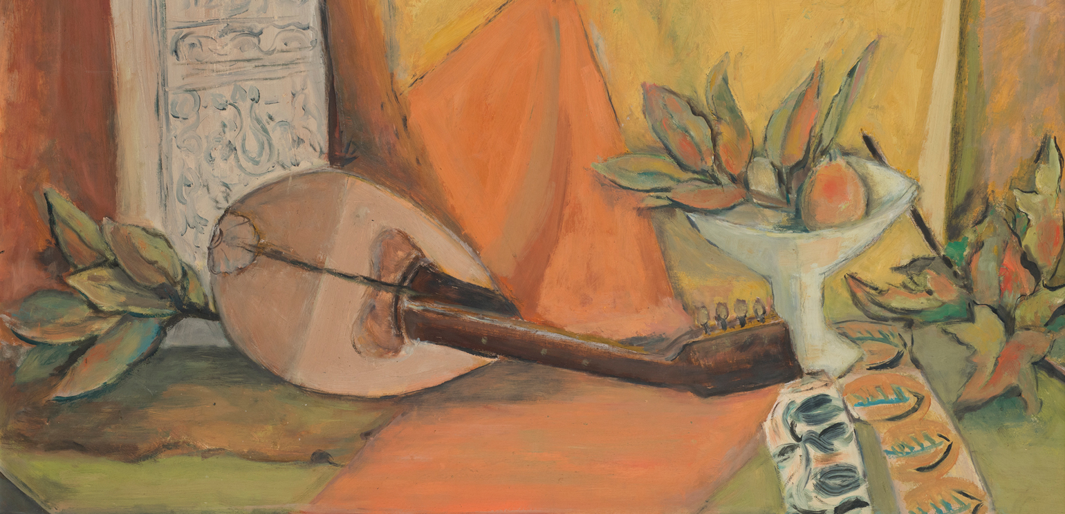 A detail of a still-life painting by Alma Thomas that shows a mandolin lying on its side next to a white footed bowl with a mango and some leaves in it
