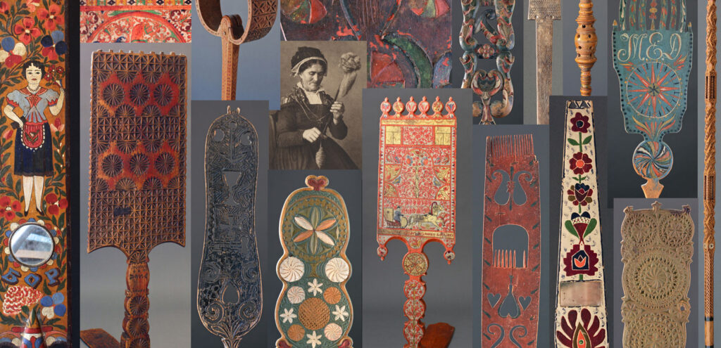 A photo collage of many different types and shapes of painted distaffs, or tools for spinning wool into yarn
