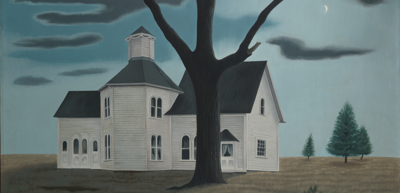 A detail of a painting by George Ault called "Old House, New Moon" that features an old white House with a bare tree rising in front of it.