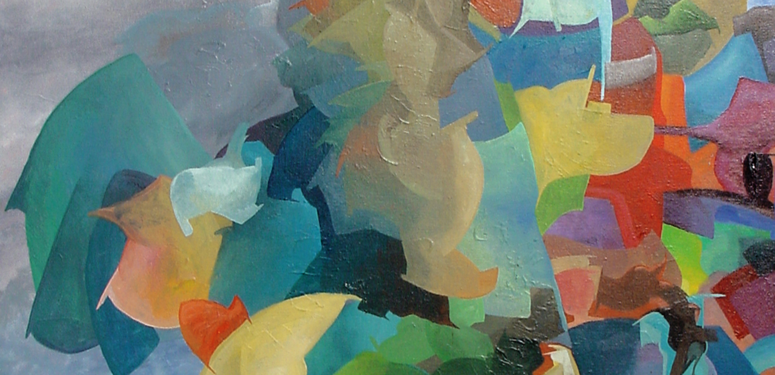 A detail of an abstract, colorful painting by Athens artist Will Cullen Hart. Soft, biomorphic shapes overlap.