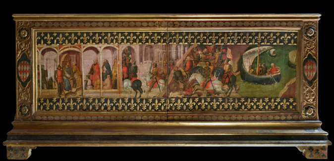 A Renaissance-era marriage chest (or cassone), trimmed in gold and painted with an elaborate narrative scene