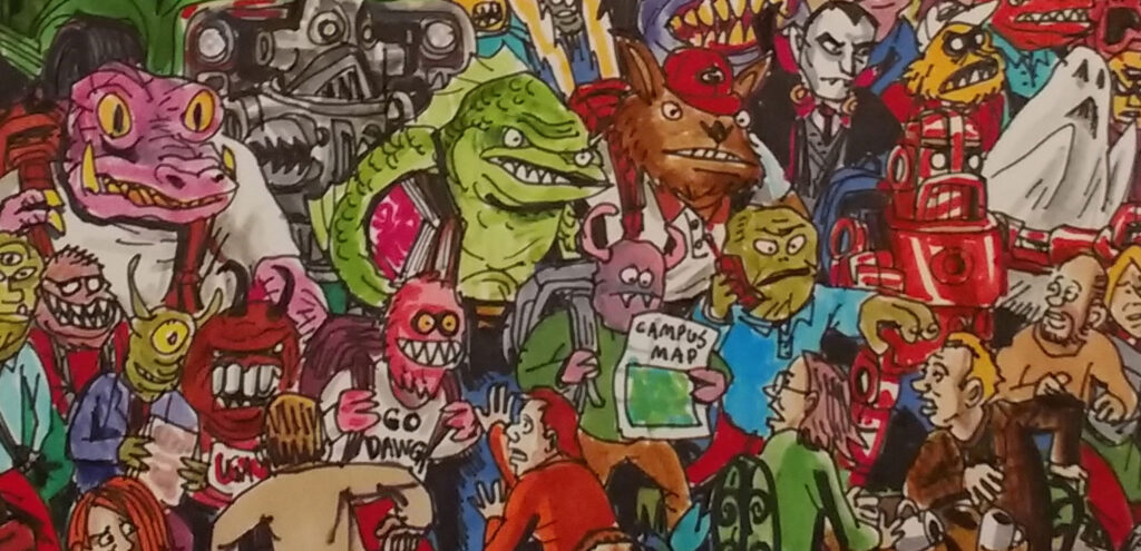 A detail of a drawing by Patrick Dean of a bunch of monsters going back to school