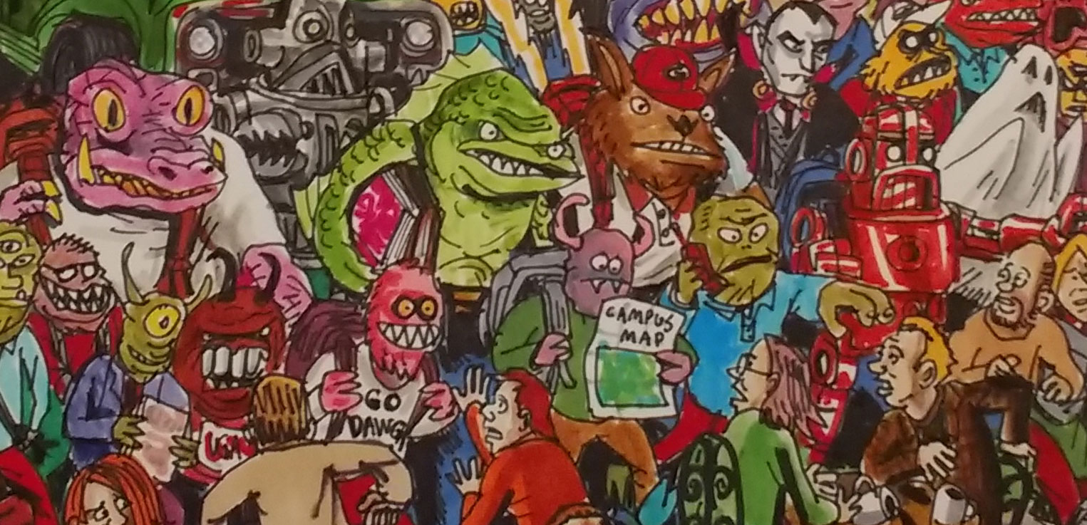 A detail of a drawing by Patrick Dean of a bunch of monsters going back to school